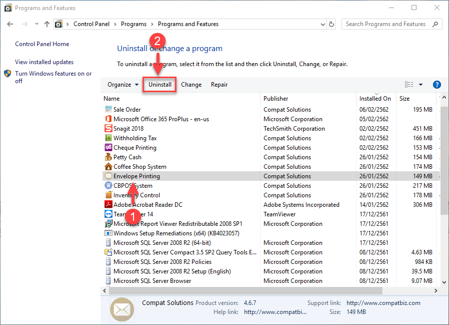 เลือก Envelope Printing แล้วคลิกที่ Uninstall